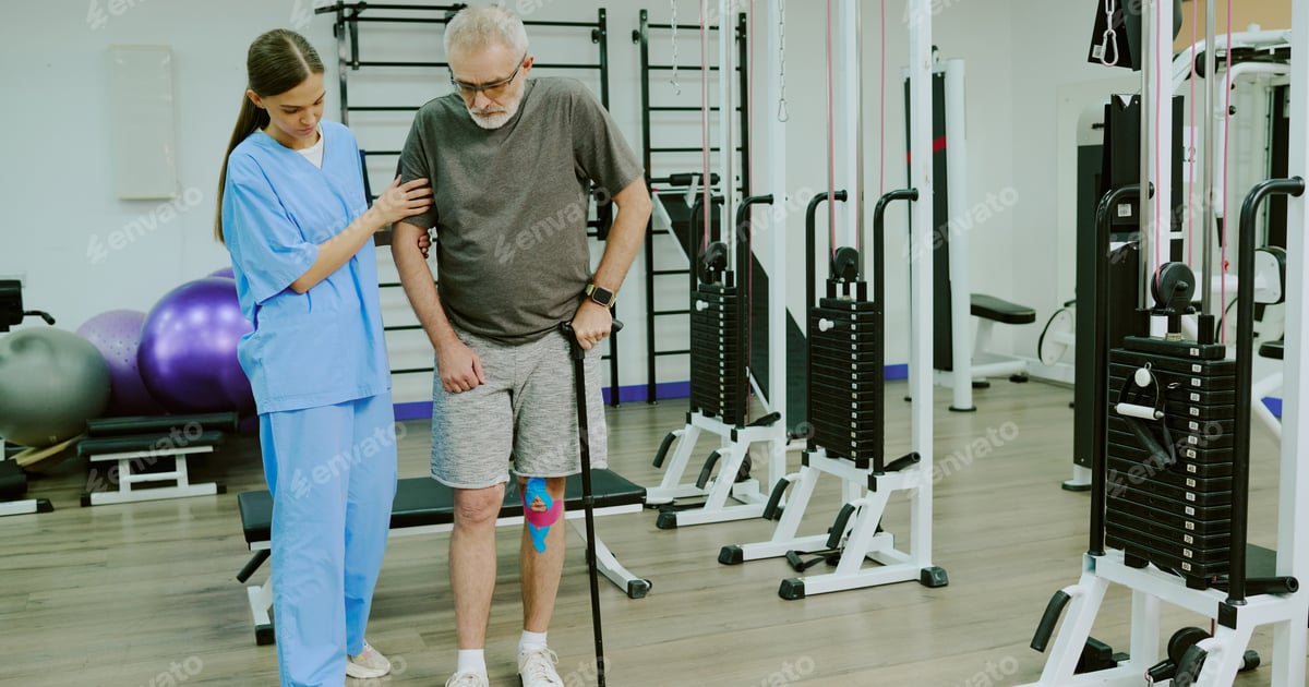 Physiotherapeut unterstützt einen älteren Patienten beim Gehtraining in dessen Wohnung